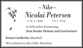 Traueranzeige von Nicolai Petersen von Nordfriesland Tageblatt