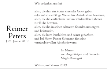 Traueranzeige von Reimer Peters von Norddeutsche Rundschau