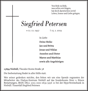 Traueranzeige von Siegfried Petersen von Nordfriesland Tageblatt