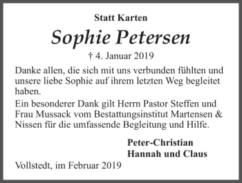 Traueranzeige von Sophie Petersen von Husumer Nachrichten