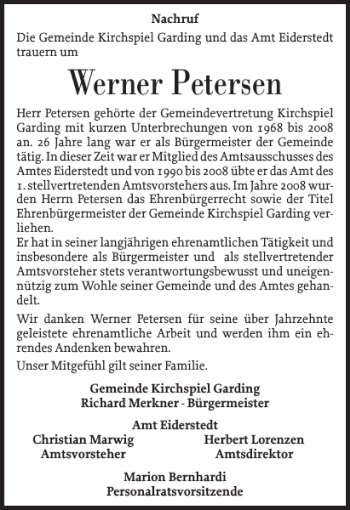 Traueranzeige von Werner Petersen von Husumer Nachrichten