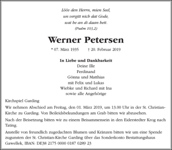 Traueranzeige von Werner Petersen von Husumer Nachrichten