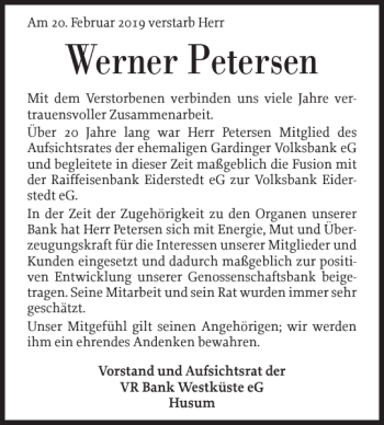 Traueranzeige von Werner Petersen von Husumer Nachrichten