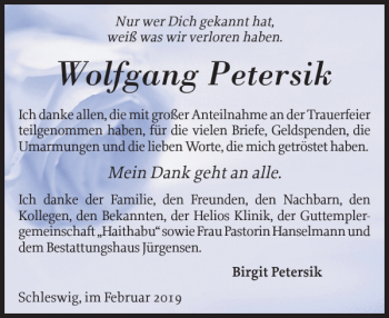 Traueranzeige von Wolfgang Petersik von Schleswiger Nachrichten