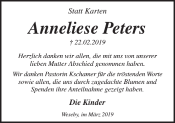 Traueranzeige von Anneliese Peters von Eckernförder Zeitung