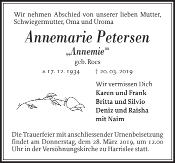 Traueranzeige von Annemarie Petersen von Flensburger Tageblatt