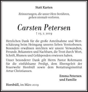Traueranzeige von Carsten Petersen von Nordfriesland Tageblatt