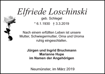 Traueranzeige von Elfriede Loschinski von Holsteinischer Courier