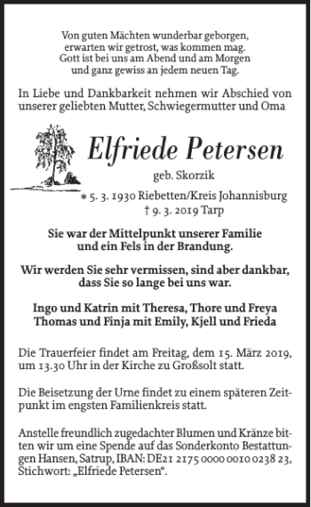 Traueranzeige von Elfriede Petersen von Flensburger Tageblatt