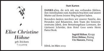 Traueranzeige von Elise Christine Höhne von Schleswiger Nachrichten