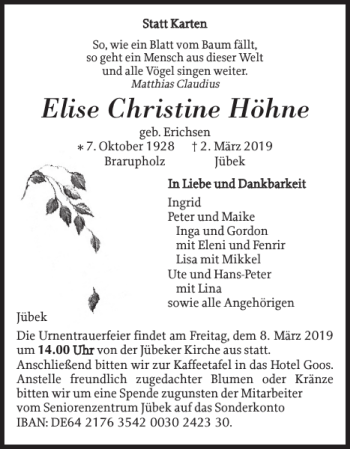 Traueranzeige von Elise Christine Höhne von Schleswiger Nachrichten