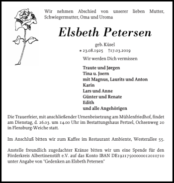Traueranzeige von Elsbeth Petersen von Flensburger Tageblatt
