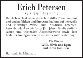 Traueranzeige von Erich Petersen von Husumer Nachrichten
