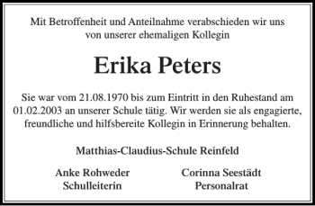 Traueranzeige von Erika Peters von Stormarner Tageblatt