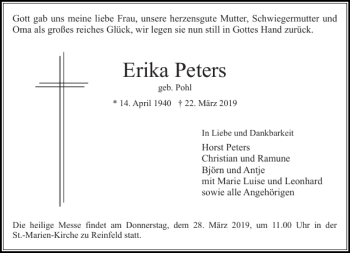 Traueranzeige von Erika Peters von Stormarner Tageblatt