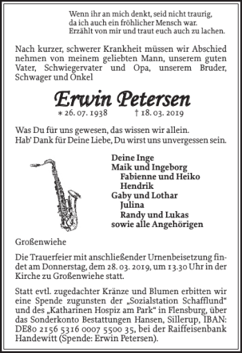 Traueranzeige von Erwin Petersen von Flensburger Tageblatt