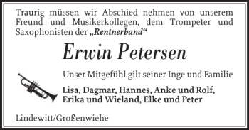 Traueranzeige von Erwin Petersen von Flensburger Tageblatt