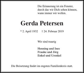 Traueranzeige von Gerda Petersen von Stormarner Tageblatt