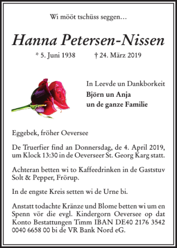 Traueranzeige von Hanna Petersen-Nissen von Flensburger Tageblatt