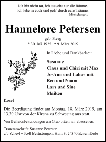 Traueranzeige von Hannelore Petersen von Eckernförder Zeitung