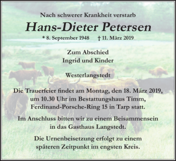 Traueranzeige von Hans-Dieter Petersen von Flensburger Tageblatt
