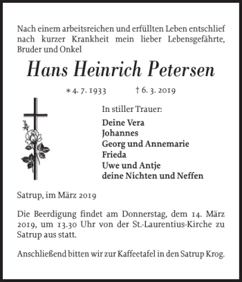 Traueranzeige von Hans Heinrich Petersen von Flensburger Tageblatt