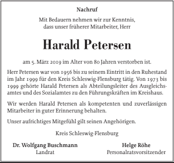 Traueranzeige von Harald Petersen von Schleswiger Nachrichten