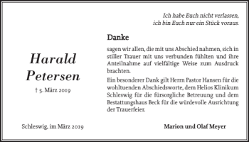 Traueranzeige von Harald Petersen von Schleswiger Nachrichten