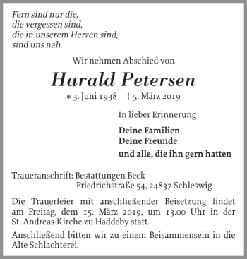 Traueranzeige von Harald Petersen von Schleswiger Nachrichten