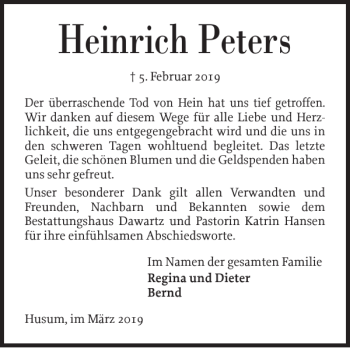 Traueranzeige von Heinrich Peters von Husumer Nachrichten