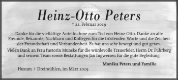 Traueranzeige von Heinz-Otto Peters von Husumer Nachrichten
