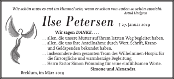 Traueranzeige von Ilse Petersen von Husumer Nachrichten