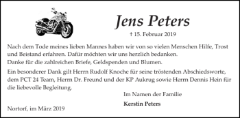 Traueranzeige von Jens Peters von Landeszeitung