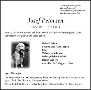 Traueranzeige von Josef Petersen von Nordfriesland Tageblatt