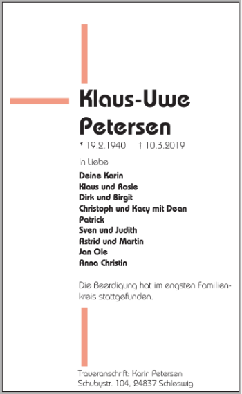 Traueranzeige von Klaus-Uwe Petersen von Schleswiger Nachrichten