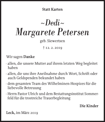Traueranzeige von Margarete Petersen von Nordfriesland Tageblatt