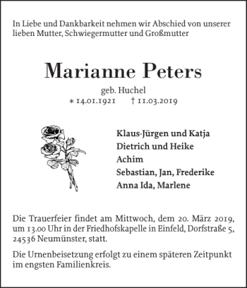 Traueranzeige von Marianne Peters von Holsteinischer Courier
