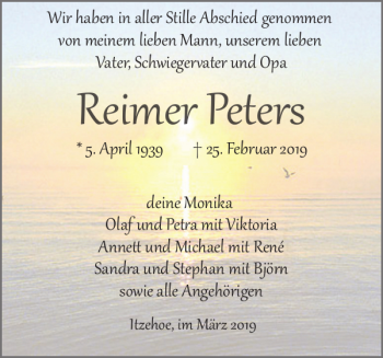 Traueranzeige von Reimer Peters von Norddeutsche Rundschau