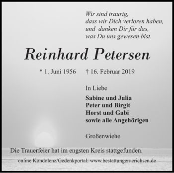 Traueranzeige von Reinhard Petersen von Flensburger Tageblatt