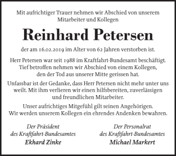 Traueranzeige von Reinhard Petersen von Flensburger Tageblatt