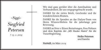 Traueranzeige von Siegfried Petersen von Nordfriesland Tageblatt