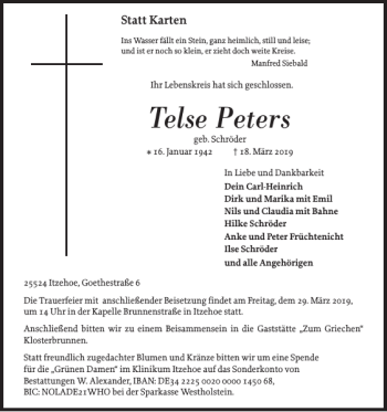 Traueranzeige von Telse Peters von Norddeutsche Rundschau