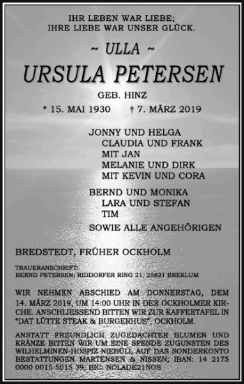 Traueranzeige von Ursula Petersen von Husumer Nachrichten