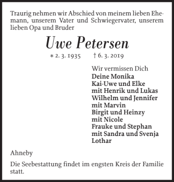 Traueranzeige von Uwe Petersen von Flensburger Tageblatt