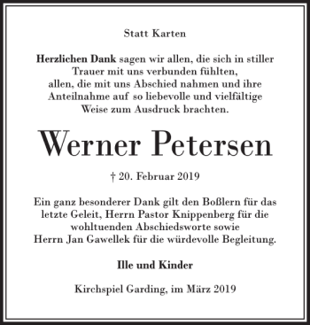 Traueranzeige von Werner Petersen von Husumer Nachrichten