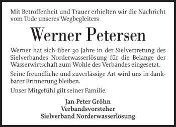 Traueranzeige von Werner Petersen von Husumer Nachrichten