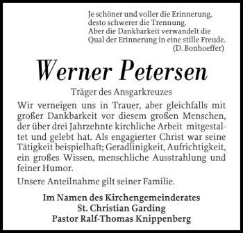 Traueranzeige von Werner Petersen von Husumer Nachrichten