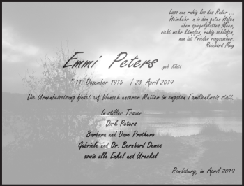 Traueranzeige von Emmi Peters von Landeszeitung