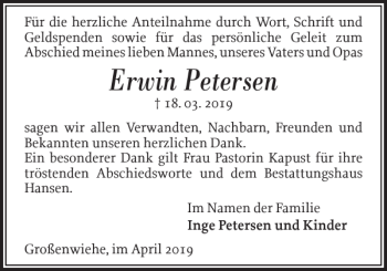 Traueranzeige von Erwin Petersen von Flensburger Tageblatt