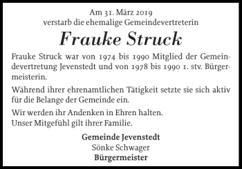 Traueranzeige von Frauke Struck Frauke Struck von Landeszeitung
